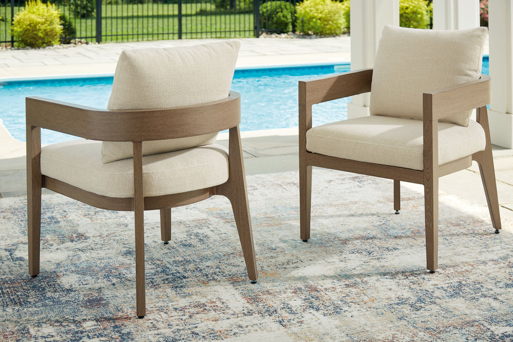 Elevate the appeal of easy-breezy living with this outdoor dining arm chair. Made to look like wood yet suitably durable enough to weather the elements, it-'s sure to serve you and your besties well, year after year. The gently curved chair features cushi