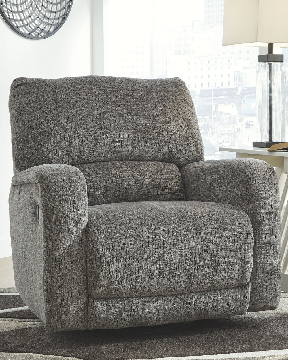 You and plush cushions are two peas in a pod. Thatâ€™s why this swivel glider recliner will quickly find its way to your heart. Chenille fabric feels so good, youâ€™ll never want to take your hands off of it. Track arms elevate the look with a touch of co