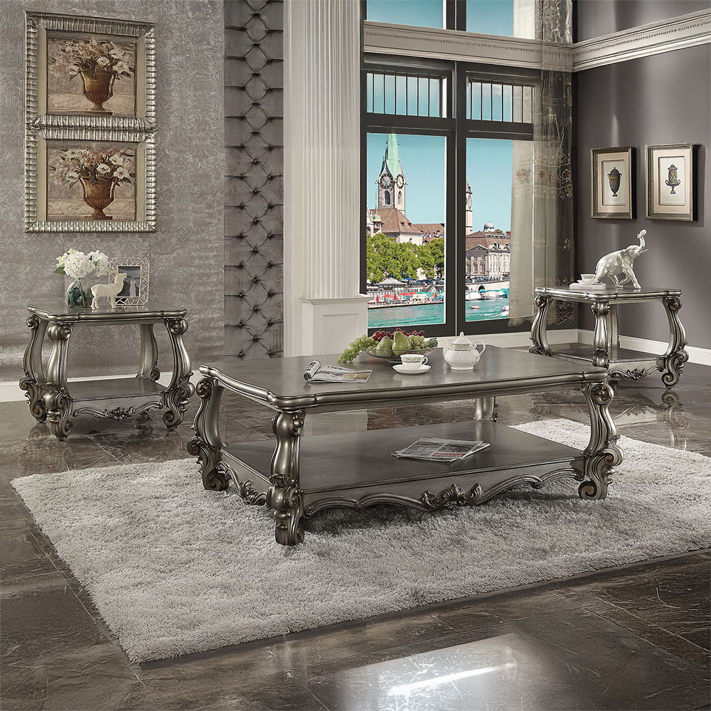 KD, Rectangular Coffee Table â€¢ Open Compartment: Bottom Shelf â€¢ Wooden Top â€¢ Oversized Scrolled Legs & Shelf Apron: Poly Resin with Antique Contrast Finish<br/><br/><b>Product Features</b><ul><li>Exclusive Design</li><li>Occasional Table</li><li>Ope
