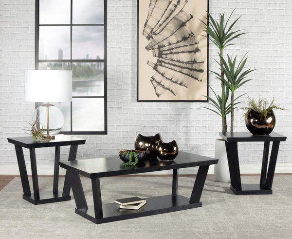  featuring a coffee table and two end tables. Designed with a black finish throughout each furniture piece