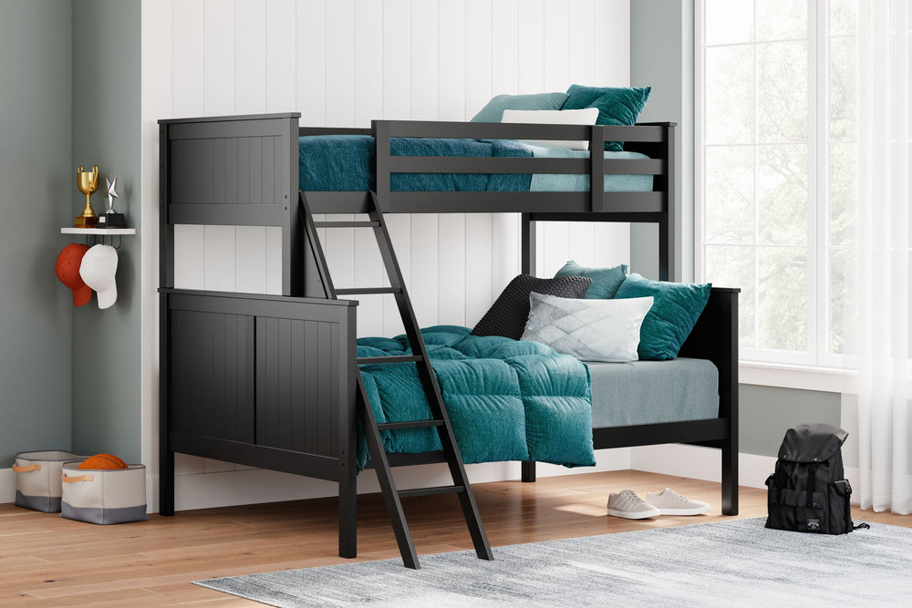 Maximize space and turn your kids-' bedtime into an adventure with this cool twin-over-full bunk bed. It-'s an effortless addition to any bedroom, with a timeless Shaker style that-'s wonderfully finished in black. Guard rails on the top bunk help everyon