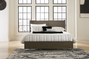 Clean lines lend sophistication and structure to this queen panel bed. Its complex rich grayish brown finish, slats set in a contemporary herringbone pattern, and low-profile footboard create visual interest and add to this bed-'s contemporary vibe. In ad