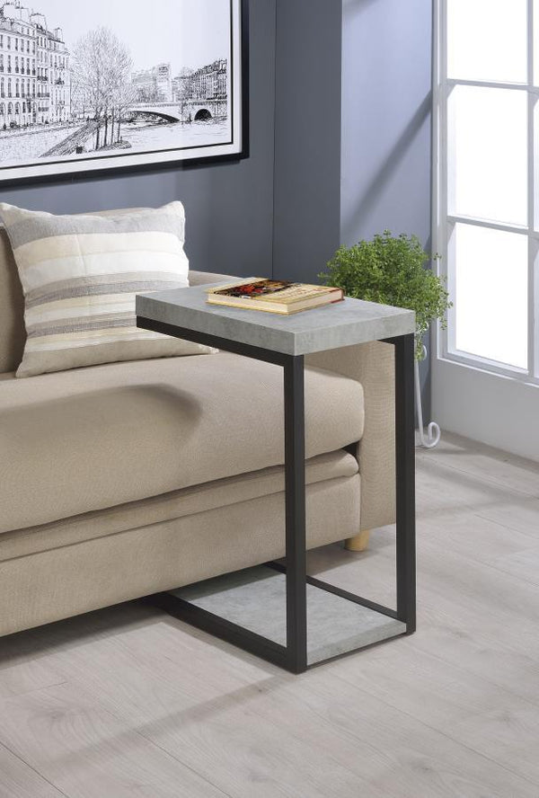  featuring an engineered wood top and base in a sleek cement-like finish. Its minimalist metal frame is coated in a durable black powder-coated finish