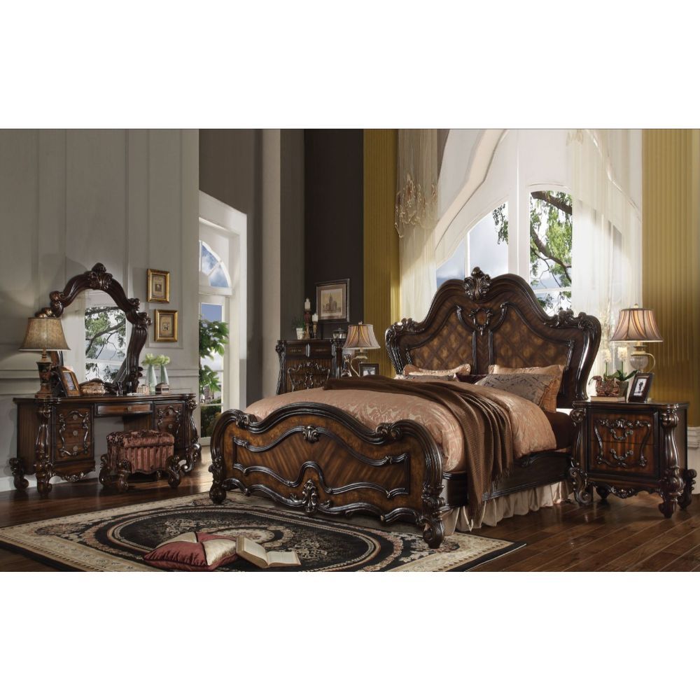 Sleeping like royalty with this Versailles, the bedroom set was inspired by old European design. This collection features carved scrollwork accent on headboard. The accent pieces crafted in wood with cherry oak finish and also included regal features such