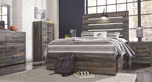 Burnt orange and teal colors accent a brown rustic finish in a replicated woodgrain with authentic touch. Large scaled dark colored handles. Cases feature a framed front and pilasters. All panel headboards (53