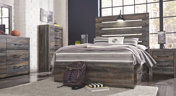 Burnt orange and teal colors accent a brown rustic finish in a replicated woodgrain with authentic touch. Large scaled dark colored handles. Cases feature a framed front and pilasters. All panel headboards (53
