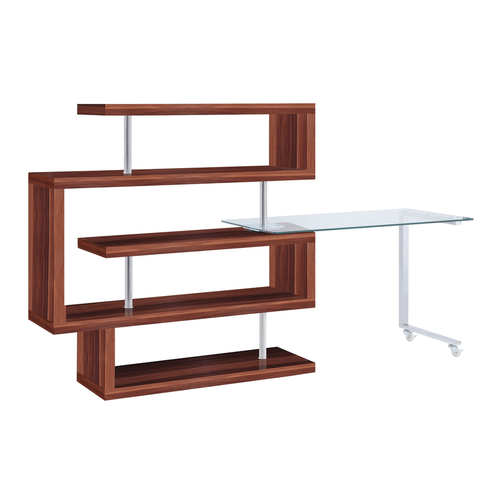 Writing Desk w/Swivel Function 360 Open Storage: 4 Shelves Clear Glass Desk Top High Gloss Finish 2 Wheels Included<br/><br/><b>Product Features</b><ul><li>riting Desk w/Swivel Function 360â°â€§ Open Storage: 4 Shelves â€§ Clear Glass Desk Topâ€§ High Gl
