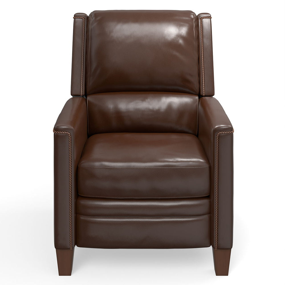 The Connor recliner boasts an effortless manual pushback recline for seamless relaxation. Upholstered in the finest soft leather with a custom match, it exudes sophistication. The decorative twisted rope stitching detail adds a touch of elegance, while th
