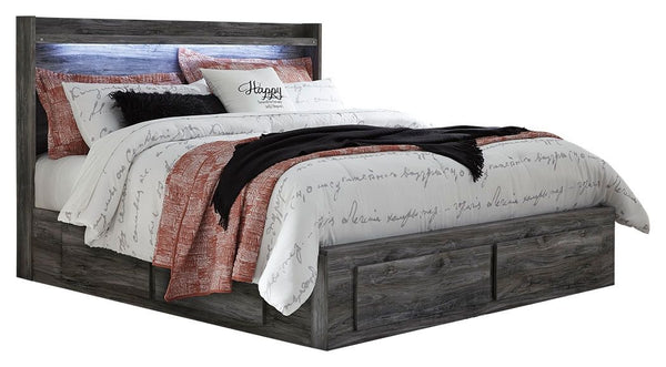 Rest in the casually cool style and practicality of this king panel storage bed. Its driftwood and smoky finish gives this bed an easy-going vibe that-'s perfect for creating a relaxed getaway in the room. Four underbed storage drawers provide ample room 