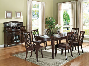The Keenan collection features extended leaves providing a formal dining group with lattice details. A dark walnut finish outfits each piece in this traditional dining group which is sure to bring your home extra decor pieces.<br/><br/><b>Product Features