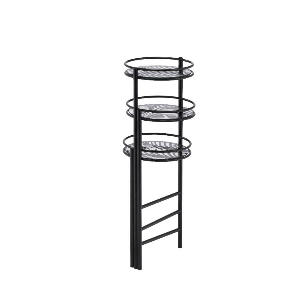 KD, Multi-Tiered Plant Stand Storage: 3 Open Compartments (Fixed Shelves, 10-"Dia) Function: Foldable Frame Round Tier Metal Frame with Straight Leg (Open Frame) CONSTRUCTION] Metal Tier/Frame & Leg: Metal Tube<br/><br/><b>Product Features</b><ul><li>Mult