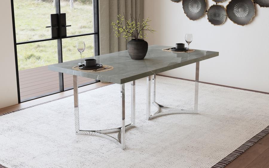Create a sophisticated dining experience with this sleek 72-inch dining table. Crafted with a durable engineered wood substrate, the tabletop features a stunning grey faux marble laminate finish that mimics the look of real stone. Its modern aesthetic is 