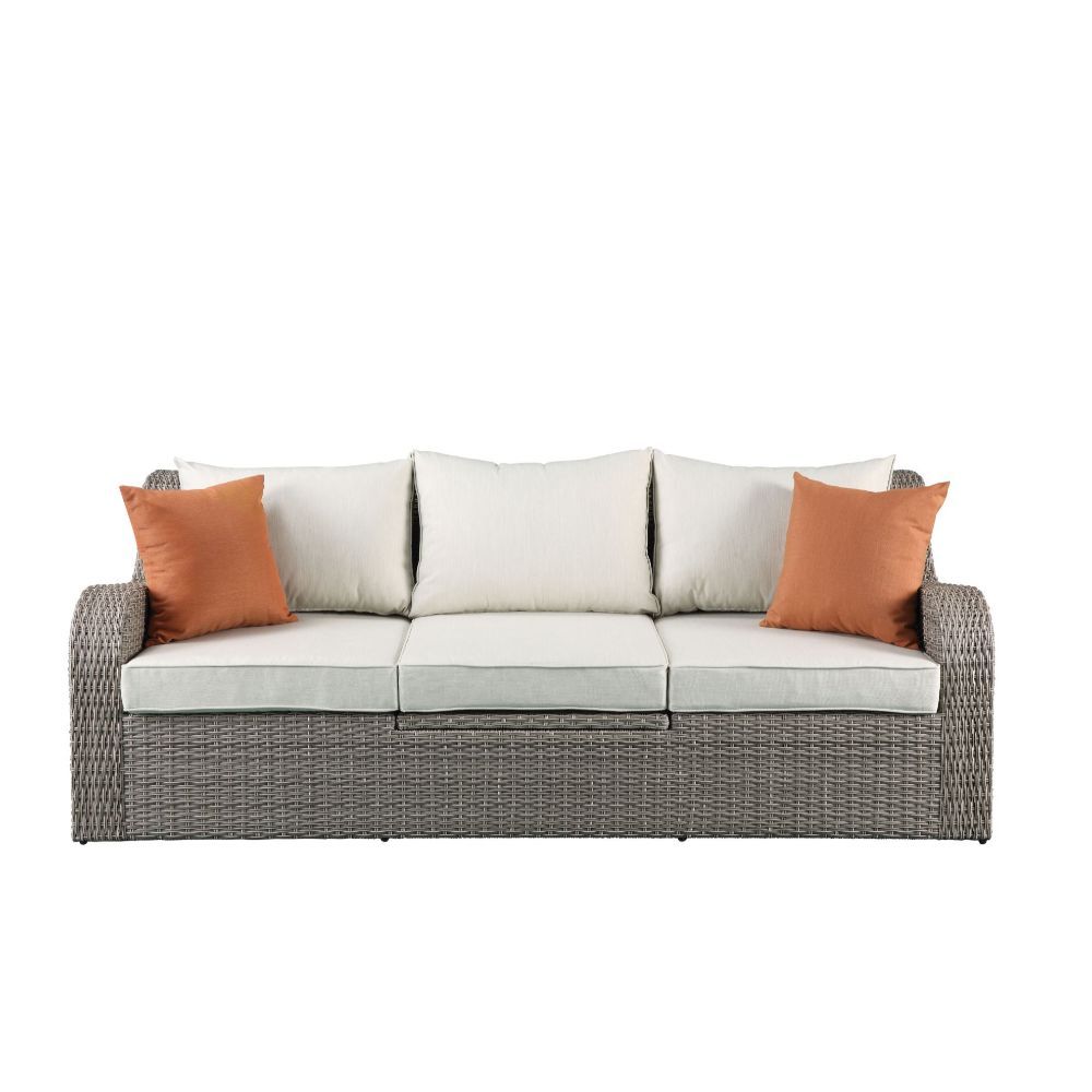 Modern classic styling paired with glamorous elements creates a unique addition to outdoor area in the Salena Collection. Beige fabric features subtle texture with a gray wicker outer body cloth providing visual interest. It comes with lift table top to a