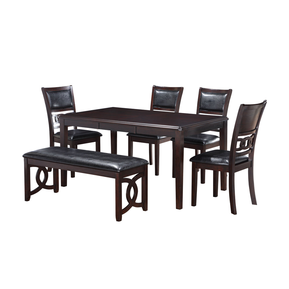 The New Classic Gia 6-Piece Wood Rectangle Dining Set is crafted from solid Rubberwood and Mindi veneers for a perfect blend of durability and aesthetic appeal. The dark ebony finish, achieved through a meticulous multistep process and clear coat, accentu