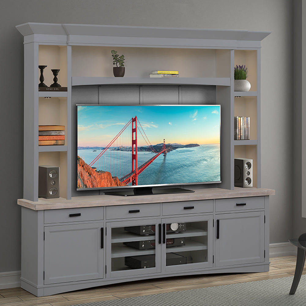 Americana Modern - Dove 92 In. TV Console with Hutch Back Panel and LED Lights