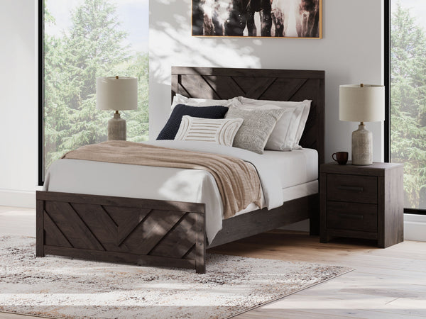  this full panel bed is a simply chic approach to modern living. A dark charcoal finish blends black and brown undertones