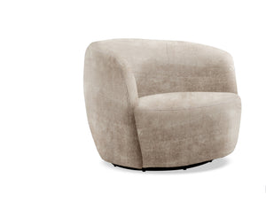  modern look. It-'s made with a kiln-dried solid pine wood frame with a streamlined barrel silhouette. The design features a curved back with foam padding and a seat bolstered with sinuou