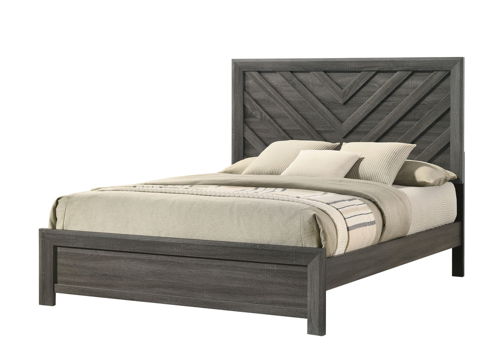 This bedroom collection encapsulates a blend of contemporary design and rustic charm. The centerpiece, a bed with a distinguished chevron patterned headboard, evokes a sense of craftsmanship and texture, infusing the space with character. Flanking the bed