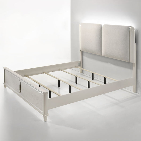Step into a realm of elegance with the Laveda bedroom set, where light gray boucle meets a pearl white finish for an exquisite blend of sophistication and serenity. The clean lines and contemporary design create a harmonious balance, perfect for modern in