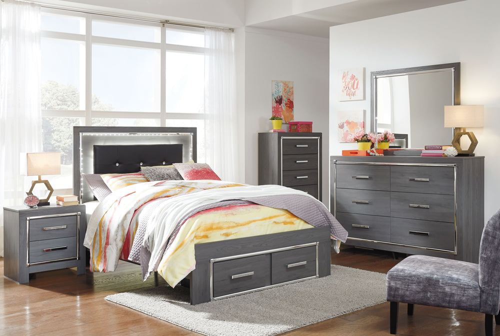 Modern gray finish with replicated wood grain. Cases and bed are accented with faceted chrome details. Large scaled chrome handle with faceted details. Headboards are accented with LED lighting and include a remote for color and brightness options. Includ