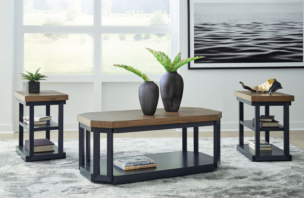 This accent table set combines casual contemporary design with modern appeal. With thick-bodied wood-tone tabletops and on-trend slate blue frames and shelves, these tables are a smart choice on so many levels. And casters on the coffee table-'s legs make