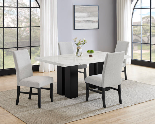 This dining group brings modern sophistication to your dining space with its sleek, contemporary design. The eye-catching marble-like tabletop adds a touch of luxury, perfectly balanced by the sturdy, dark-finished base for a striking contrast. The comfor