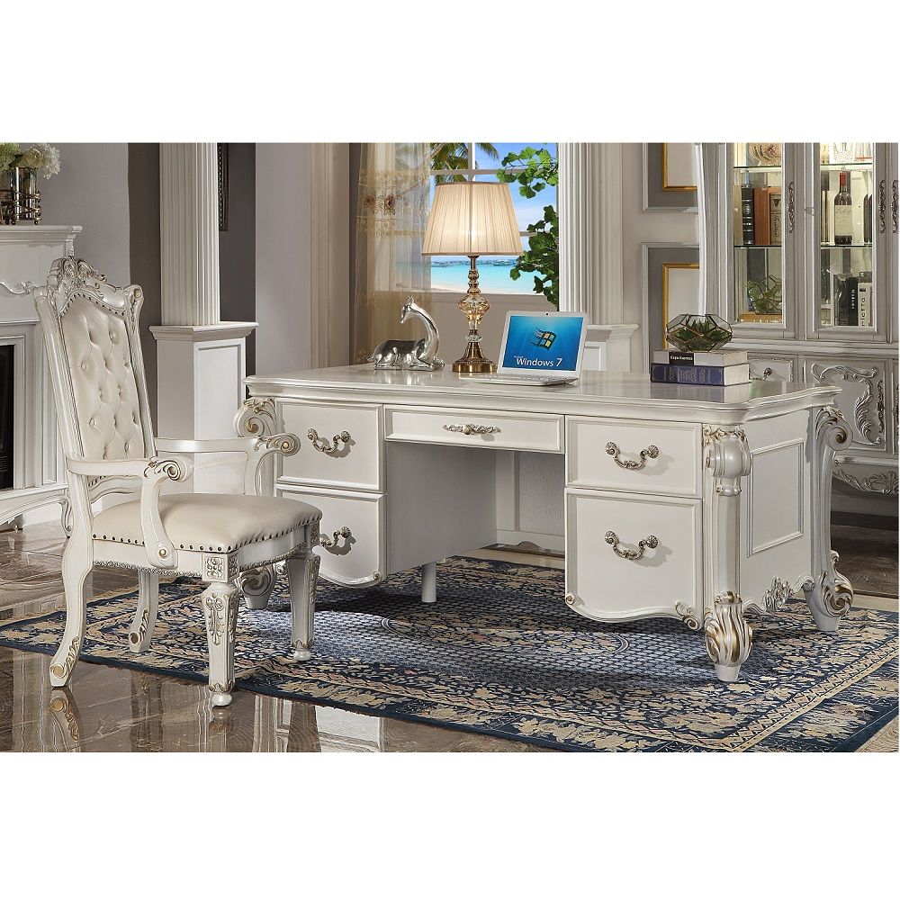 KD, Oversized Executive Arm Chair Button Tufted Backrest (Inside) Nailhead Trim Padded Seat & Back: PU Cushion Wooden Leg & Backrest Trim: with Scrolled and Floral Moldings with Gold Brush Accent Finish (Stationary without Swivel) Chair will not fit compl