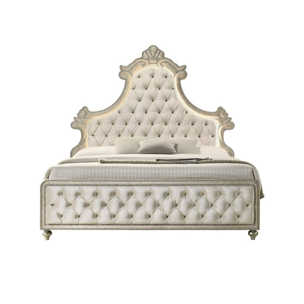 Lucienne - Eastern King Bed With LED - Beige Velvet