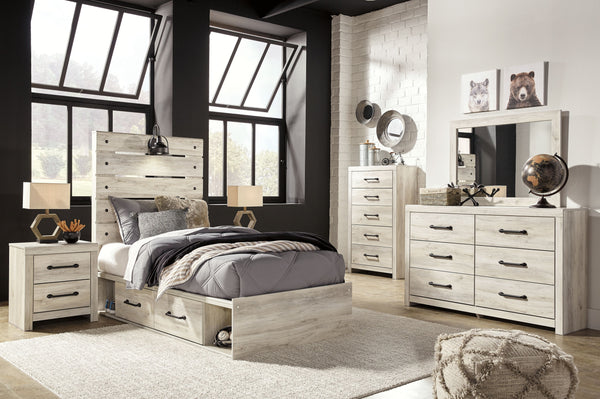 Cambeck - 9 pzas. - Cómoda, espejo, cama doble con panel y 4 cajones de almacenamiento, 2 mesitas de noche - Acabado blanco rústico