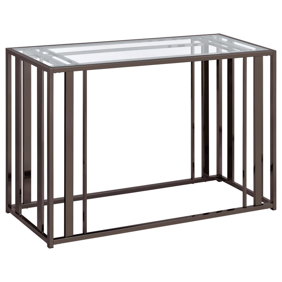 This modern rectangular console table features a clear tempered glass top paired with a geometric base crafted from heavy-gauge metal with a sleek electroplated finish. The open design creates a contemporary aesthetic, offering both elegance and durabilit