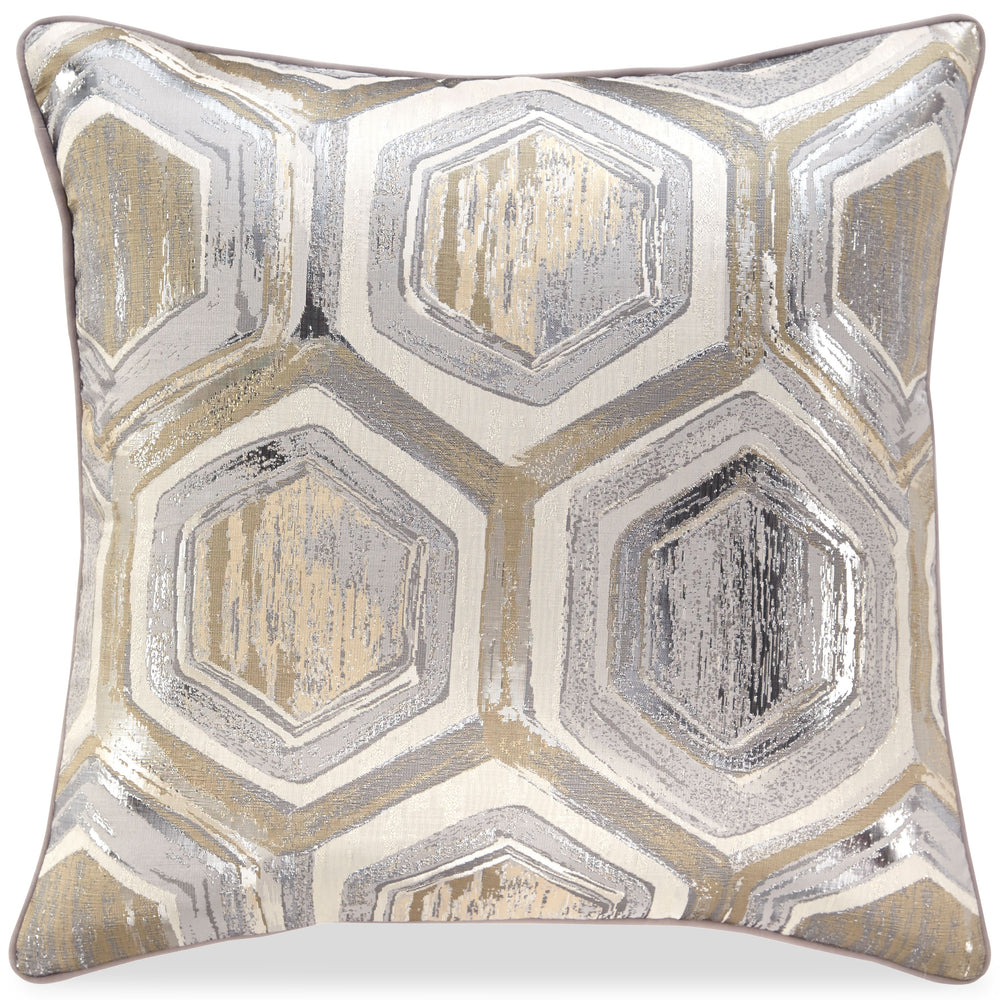 Bring an effortlessly cool and contemporary feeling to a space with this designer toss pillow. A hint of metallic sheen takes its neutral palette to a new level, while the hexagon pattern is perfectly on point.<br/><br/><b>Product Features</b><ul><li>Poly