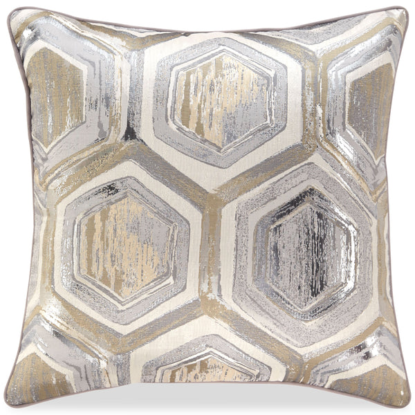 Bring an effortlessly cool and contemporary feeling to a space with this designer toss pillow. A hint of metallic sheen takes its neutral palette to a new level, while the hexagon pattern is perfectly on point.<br/><br/><b>Product Features</b><ul><li>Poly