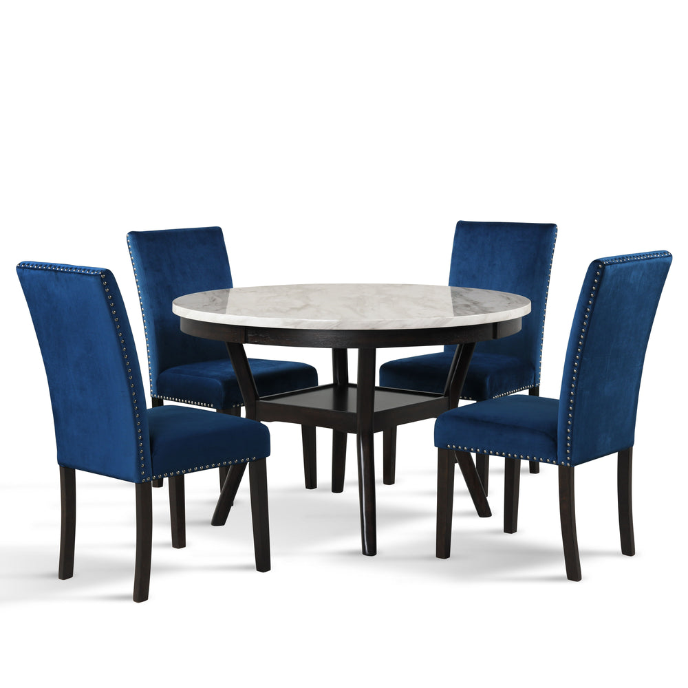 The Celeste 5-Piece Dining Set is an exquisite combination of modern sophistication and enduring craftsmanship. This set includes a chic round dining table with an espresso base and a faux marble top, accompanied by four stunning blue velvet chairs. Craft