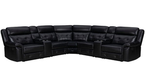  the ideal sectional that perfectly combines comfort and practicality. This sectional is perfect for any evening with its manual recline feature and a convenient console equipped with cupholders. The inherently cleanable faux leather makes ma