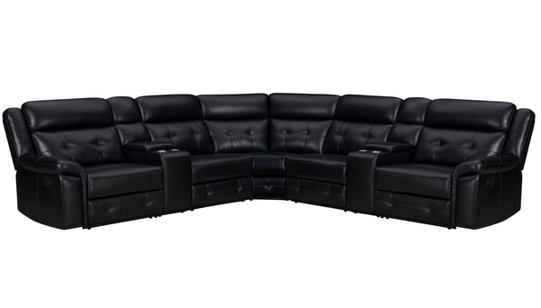  the ideal sectional that perfectly combines comfort and practicality. This sectional is perfect for any evening with its manual recline feature and a convenient console equipped with cupholders. The inherently cleanable faux leather makes ma