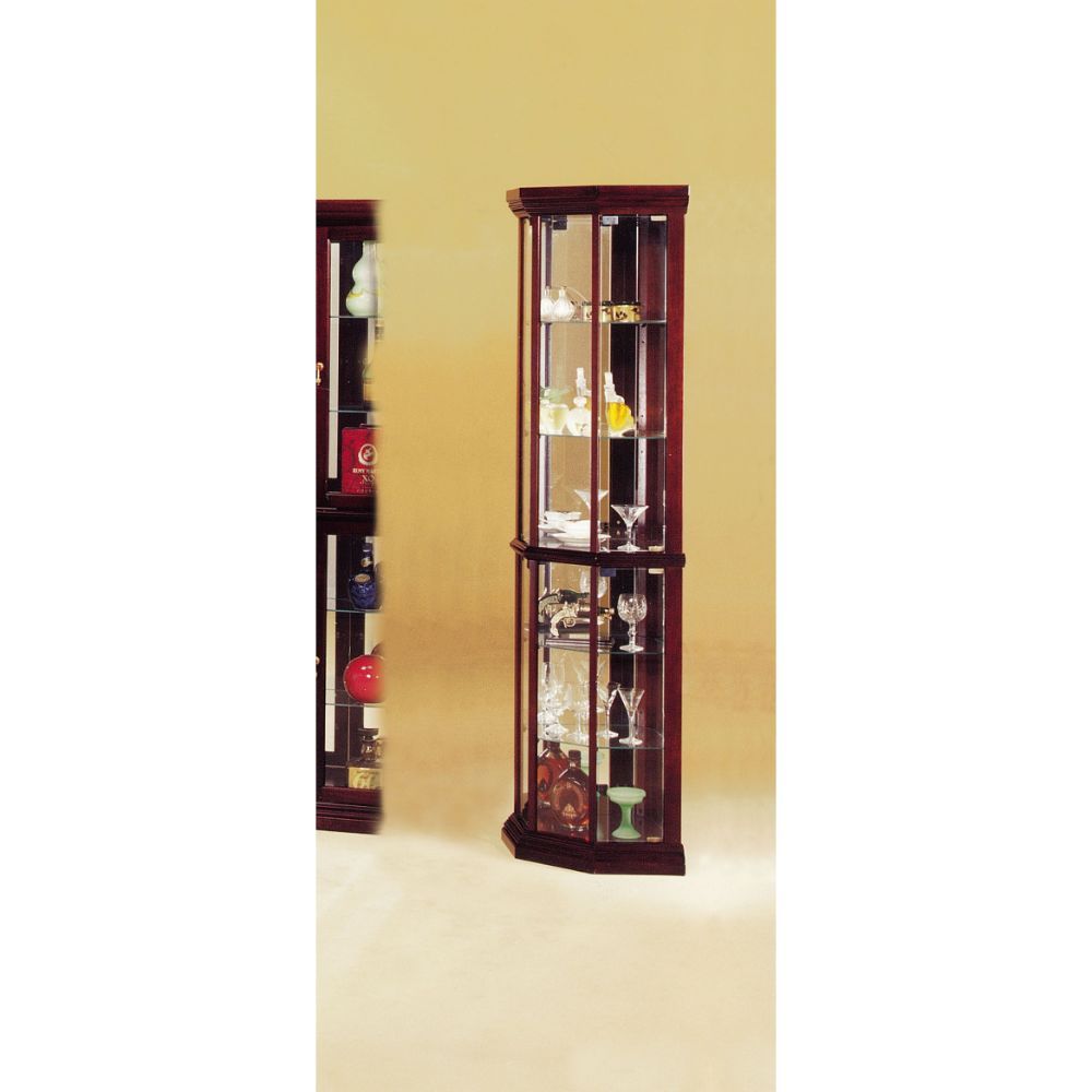 The Huxley cherry curio is a great accent piece for your room as it is an elegant combination of old world charm and contemporary design. Featuring glass doors, mirrored back, glass shelves, it is an exceptional way to showcase your treasured collectibles