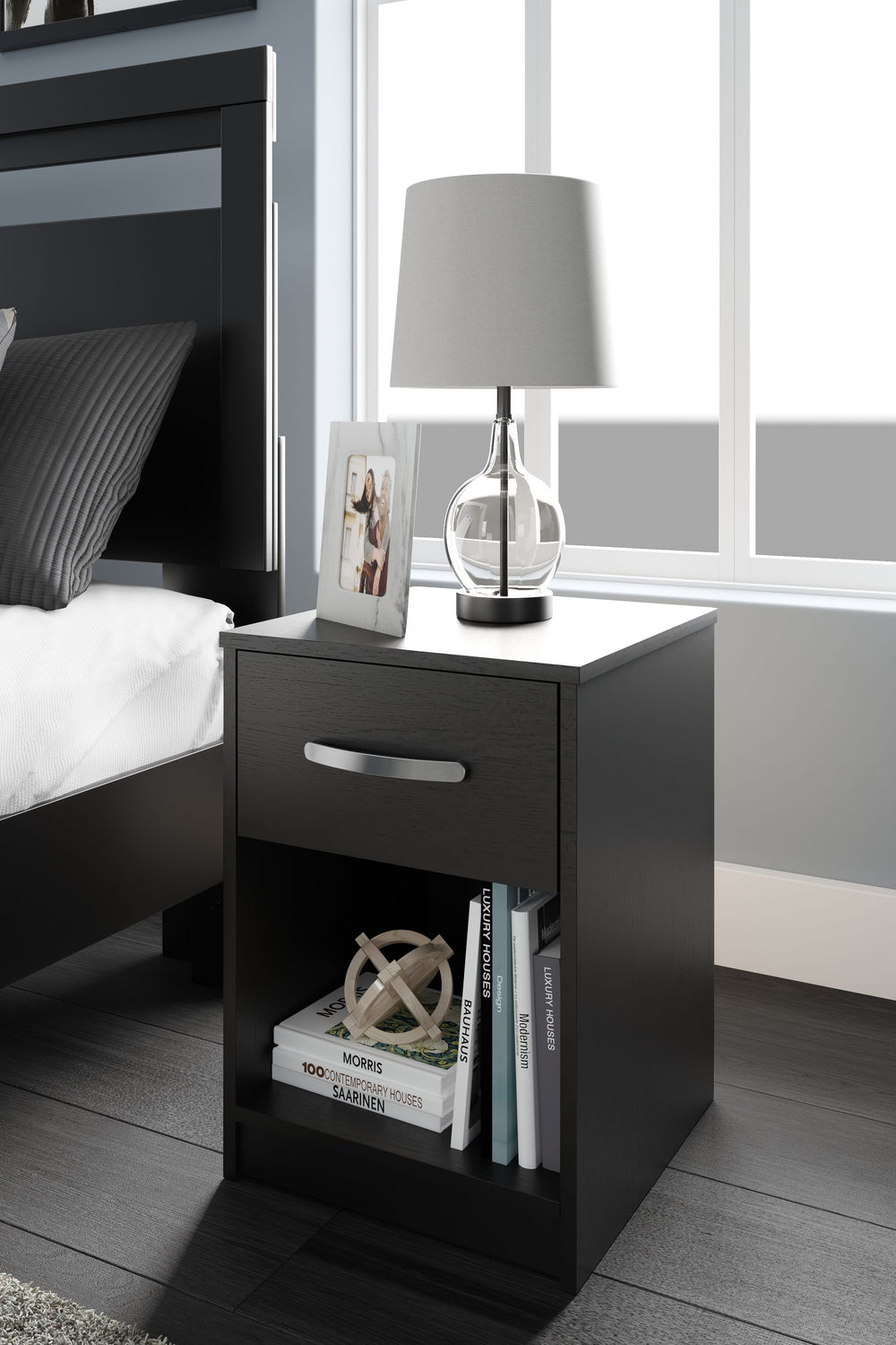Practical and attractive, this nightstand blends seamlessly with modern decor and makes a smart addition to a bedroom. Its smooth-gliding drawer is ideal for bedside essentials. An open cubby provides a nice place for a storage basket or vase. The nightst