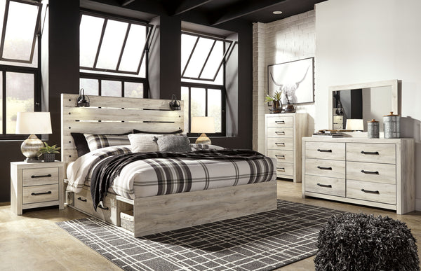 Cambeck - 8 Piezas - Cómoda, Espejo, Cama King con Panel y Cajones de Almacenamiento Laterales, 2 Mesitas de Noche - Blanco Decapado