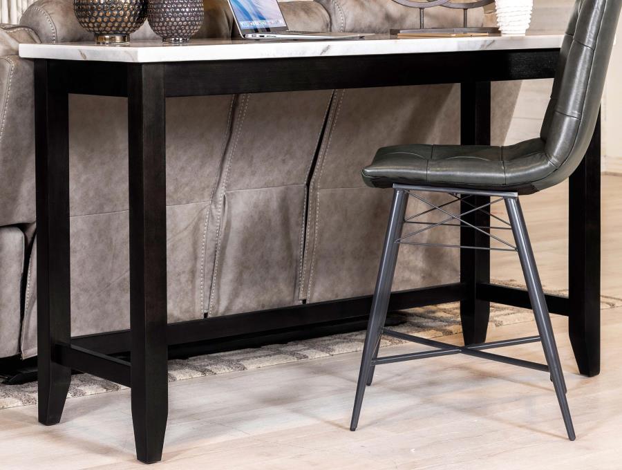 Create a breakfast bar in your kitchen nook with this modern counter height table. Designed with a striking color combination, a rustic espresso trestle base lends a dramatic touch and grounds the room elegantly. Gather friends and family around the long 