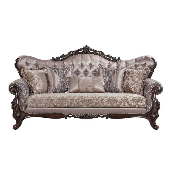  this sofa features an inner wooden frame that is sturdy. The outer wooden frame is finished with gold trimmings. Faux leather upholstery is used