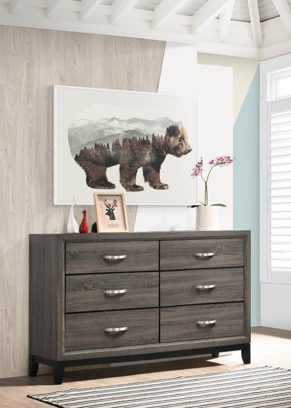  this grey six-drawer dresser is a contemporary take on mid-century modern design. The body showcases a sophisticated