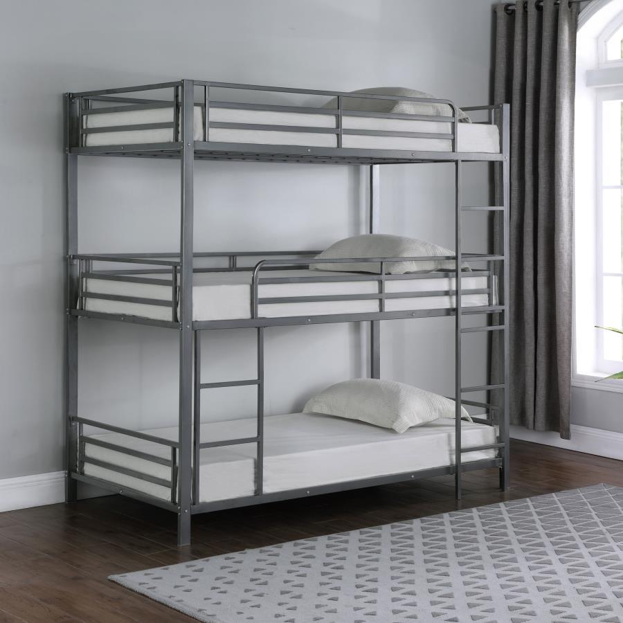 Enhance compact sleeping spaces with this three-tier bunk bed. Featuring a twin over twin over twin configuration, there is plenty of space for large families and sleepovers. This is durably crafted from metal in a striking gunpowder finish. Sturdy safety