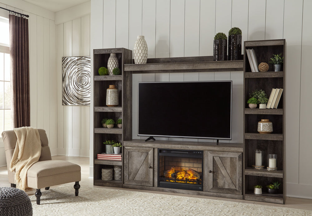 This entertainment center with fireplace insert is sure to win your heart with its daring designer take on country living. Its crisp, clean and minimalist-chic profile is enriched with a gray finish, striking replicated oak grain and thick plank styling f