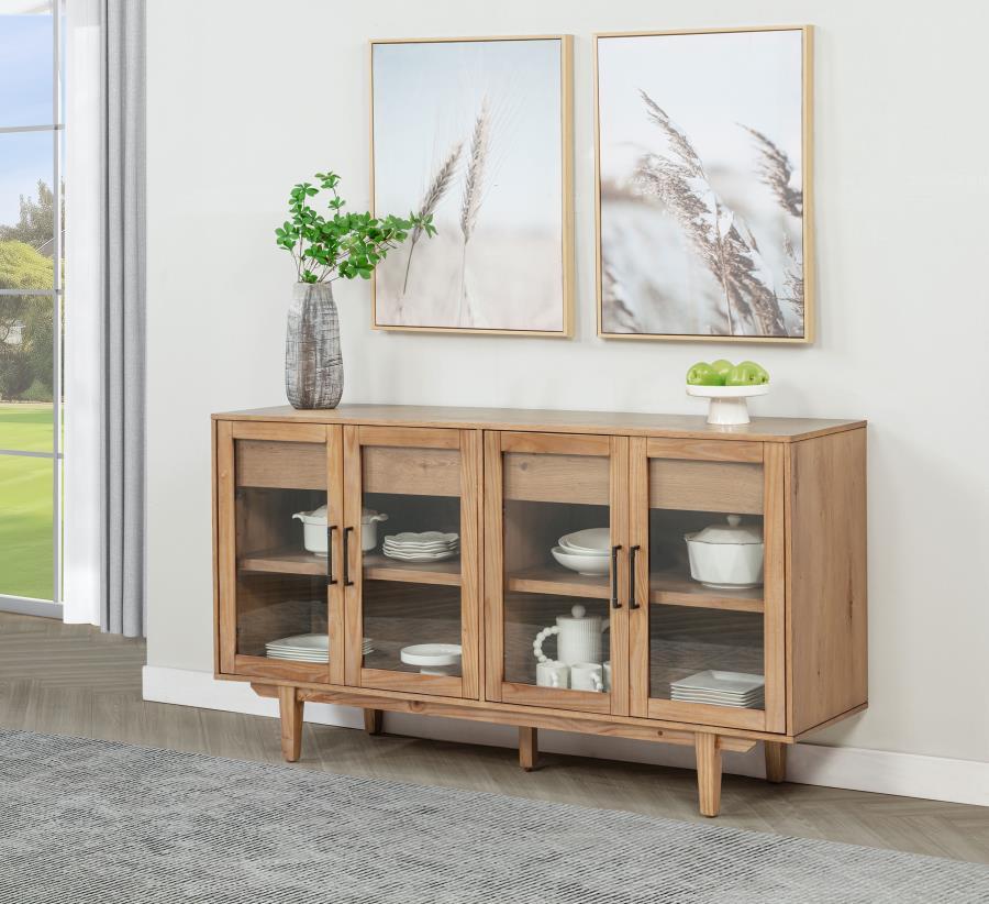 This versatile sideboard combines modern elegance with functional design. It features tempered glass-paneled cabinet doors that reveal adjustable shelving, perfect for displaying or organizing items. Two smooth-gliding, felt-lined drawers offer concealed 