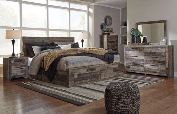 Derekson - King Panel Bed With 4 Storage Drawers - 8 Pc. - Dresser, Mirror, Chest, King Bed - Multi Gray