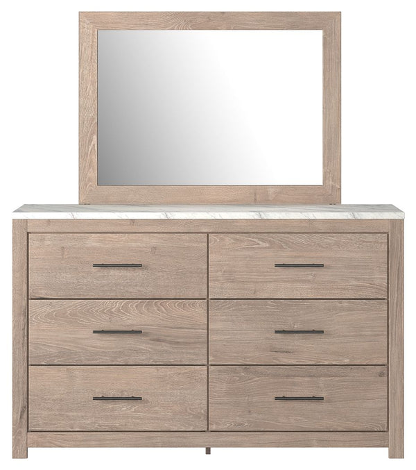 Cool, clean and casually modern. This dresser and mirror-'s light natural finish and faux Calcutta marble top set the tone for your calming sanctuary. Large linear pulls add dimension and authenticity. Six smooth-gliding drawers neatly accommodate your wa