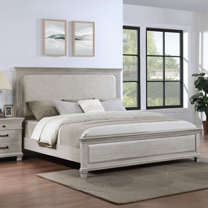 The Silver Sands Upholstered Panel Bed in Gray is a perfect blend of durability and style, making it a standout choice for any bedroom. Constructed from solid pine, manufactured woods, and oak wood veneers, this bed offers a robust and stable foundation. 
