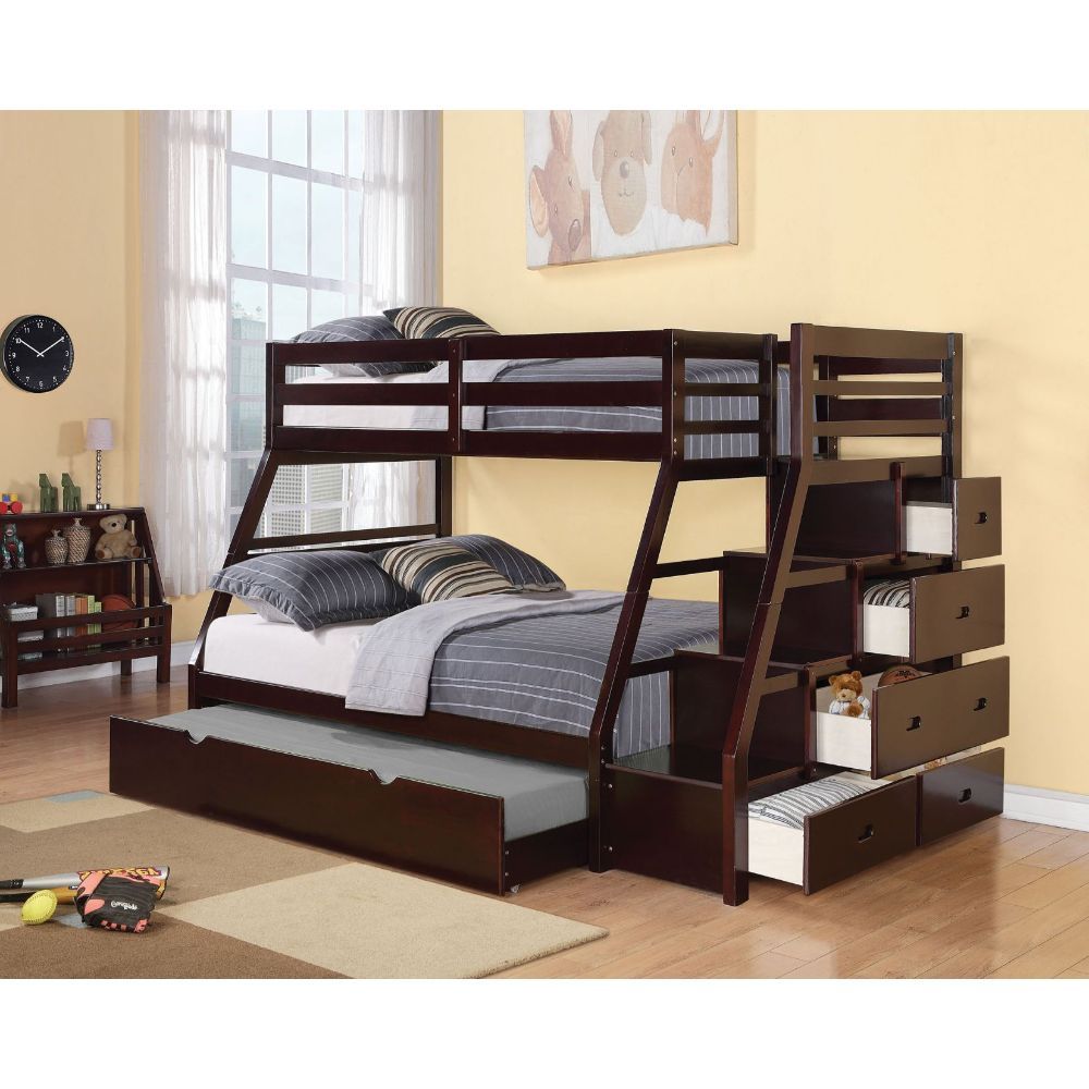 The Jason Bunk bed with storage ladder and trundle was designed to offer functionability while saving space, this twin over full bunk bed is a perfect solution for your children-'s bedroom. Carefully crafted with selected wood and veneers in rich espresso