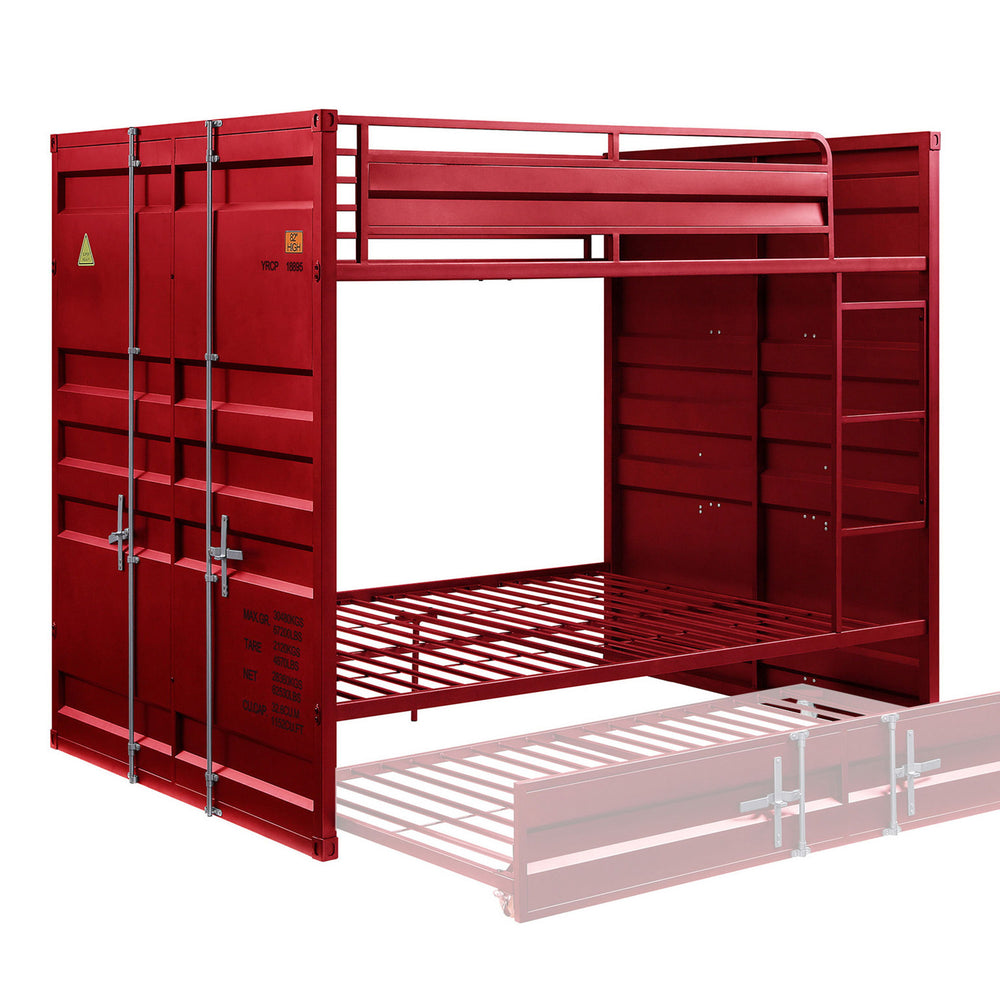 The Cargo bunk bed and trundle is the perfect addition to any childâ€™s room. This contemporary container themed metal bunk bed is crafted with an industrial look that is an ideal addition to your bedroom. The bed is accented with recessed panel design an