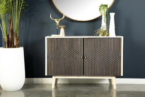  showcasing a striking black and gold geometric design against a whitewashed mango wood frame. The solid mango wood construction ensures durability